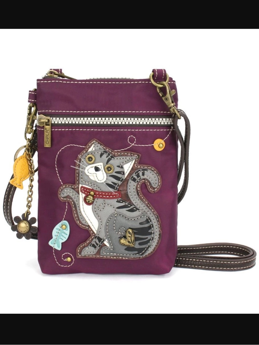 Chala Venture Cell Phone Crossbody Bag Purple Gray Tabby Cat
